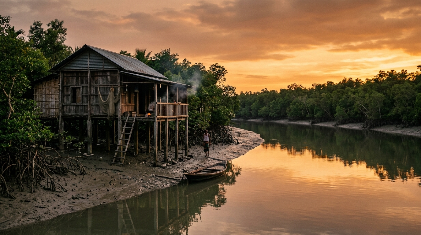 Sundarban stilt house on the river bank at sunset